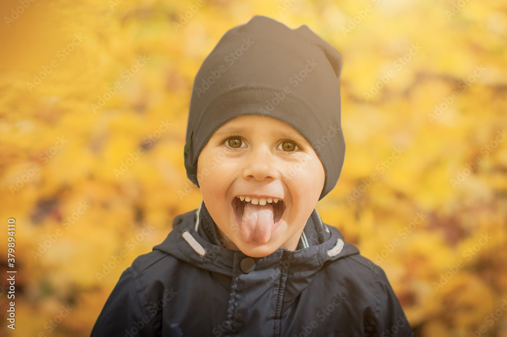 Portrait of a little boy showing his tongue in the autumn forest. Portrait of a little boy showing his tongue in the autumn forest.