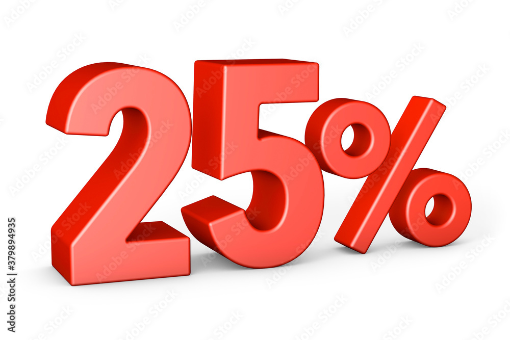 Twenty five percent. Red 25 percent. isolated on white background. 3d render Twenty five percent. Red 25 percent. isolated on white background. 3d render