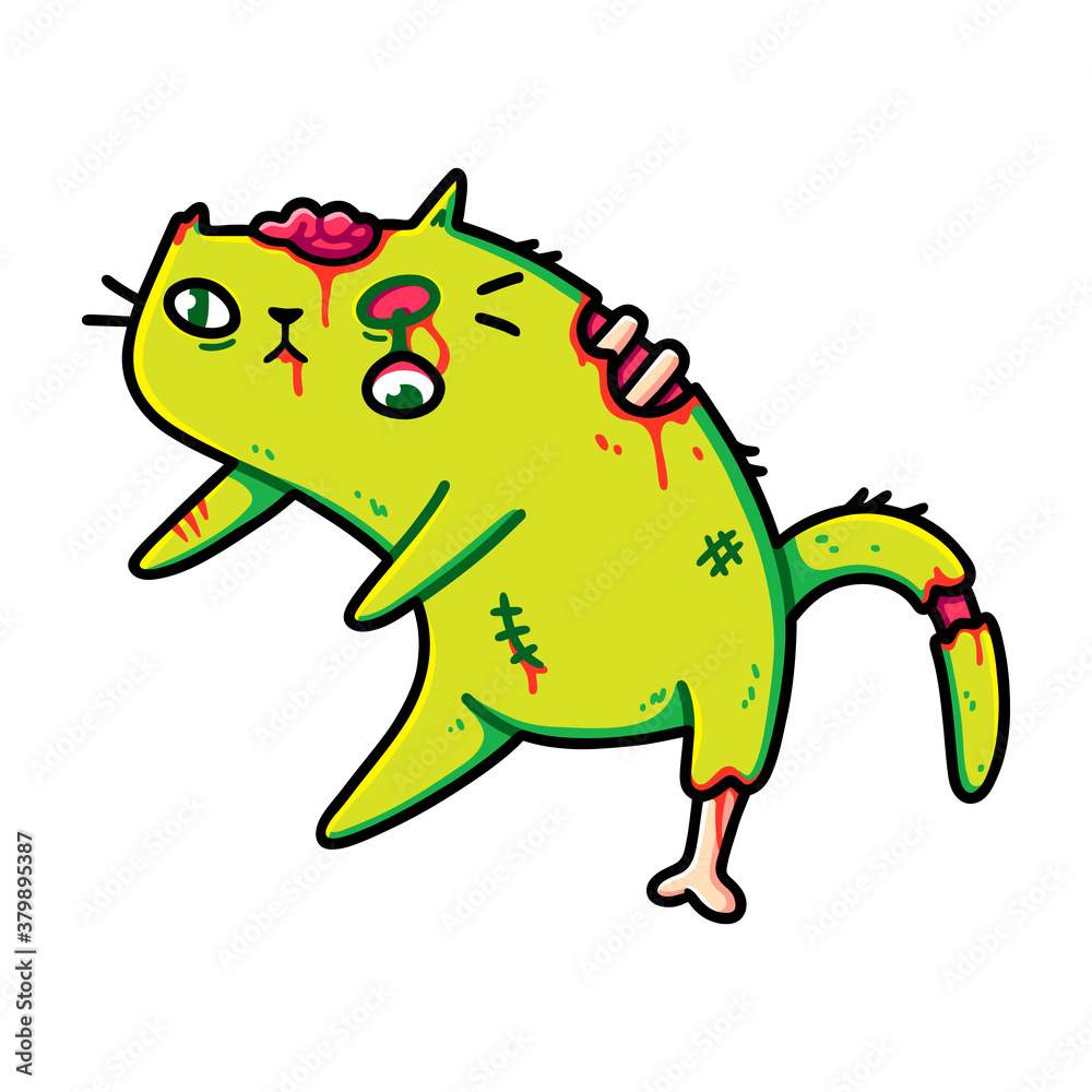 Fototapeta premium Creepy but cute green zombie cat walking. Kawaii funny cartoon kitten, blood, brain, meat and bones, Halloween art. Design for stickers, t-shirts, posters, greeting cards. Isolated on white background
