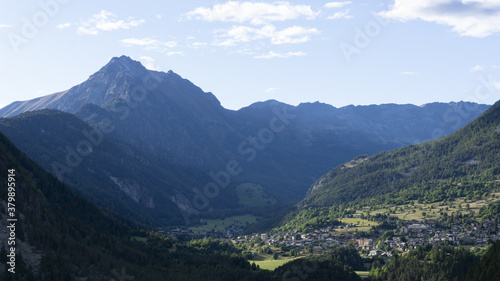 View of Brusson and the Ayas Valley (AO) from the castle of Graines with mount Zerbion in background .