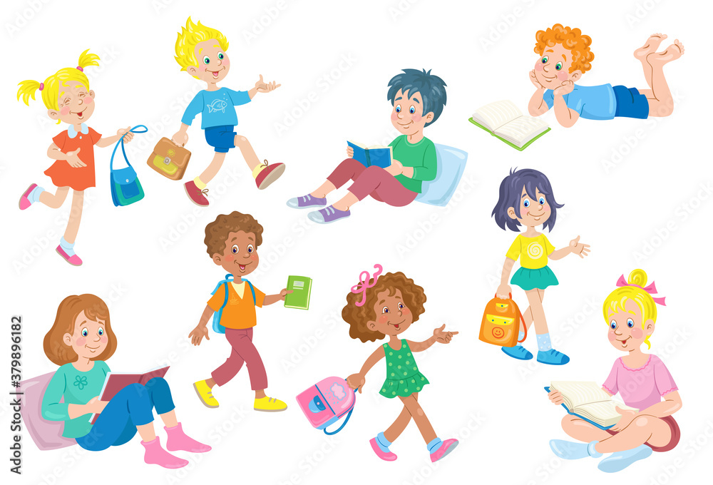 Boys and girls of different ages and nationalities with books and school bags. In cartoon style. Isolated on white background. Vector flat illustration. Boys and girls of different ages and nationalities with books and school bags. In cartoon style. Isolated on white background. Vector flat illustration.