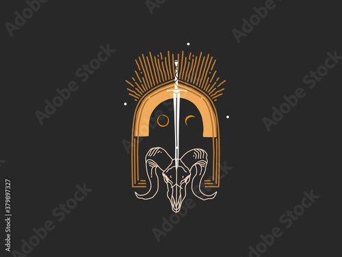 Hand drawn vector abstract stock flat graphic illustration with logo elements ,lamb skull head in arch , magic line art in simple style for branding ,isolated on black background