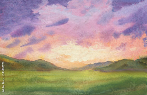 sunset watercolor landscape with purple clouds in the sky background. outdoor evening landscape with green grass and colorful sunset sky