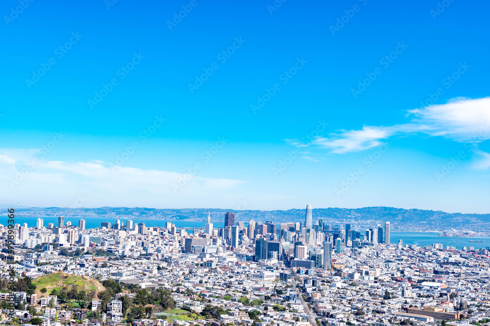 Panoramic shot of San Francisco Business District from Twin Peaks, California USA, March 30 2020 Panoramic shot of San Francisco Business District from Twin Peaks, California USA, March 30 2020