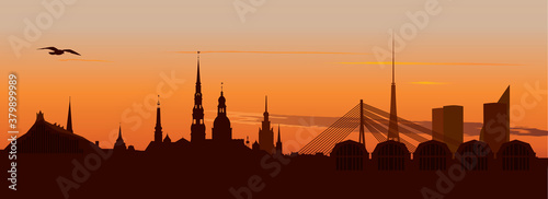 Riga Old Town Skyline during sunset time