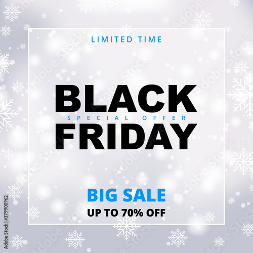 Black friday snowy sale promotion banner. Black friday winter white sale banner template.