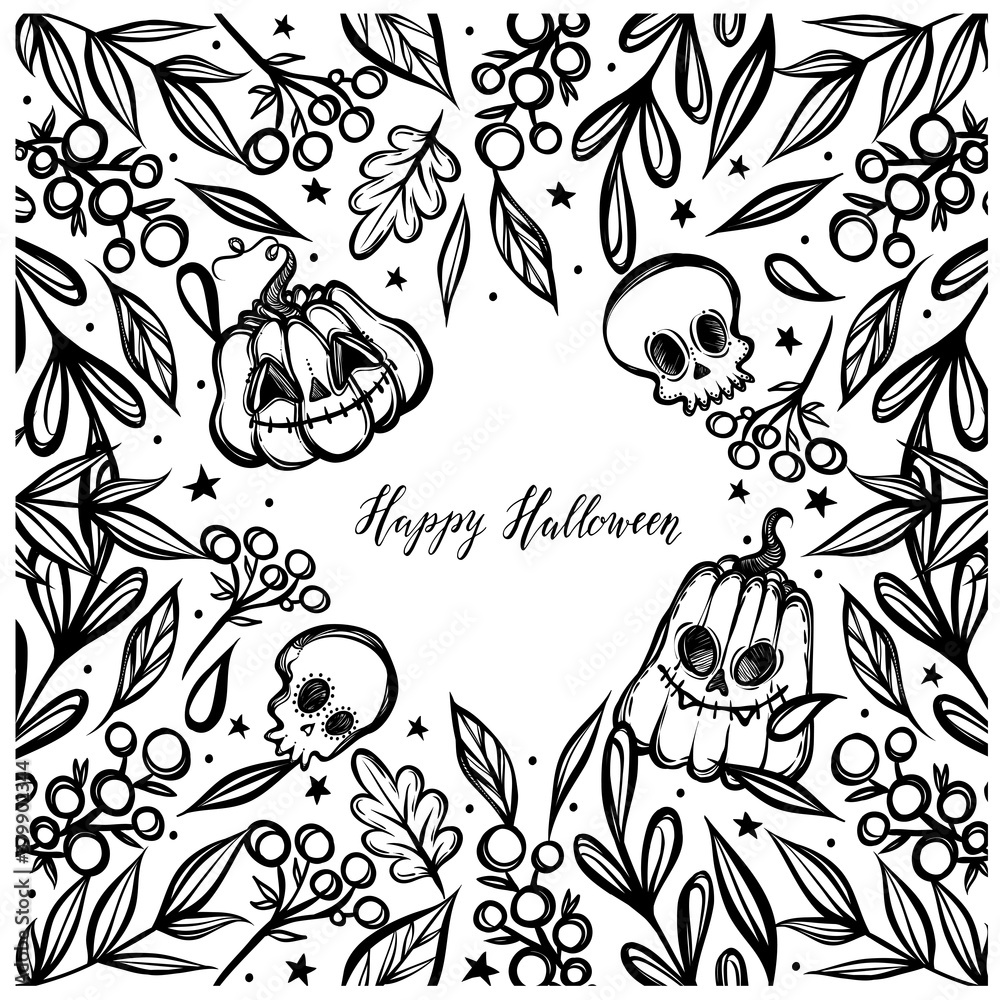Obraz premium Vector illustration, Happy Halloween,different plants,pumpkins,skull, mysticism, prints. Handmade, background white