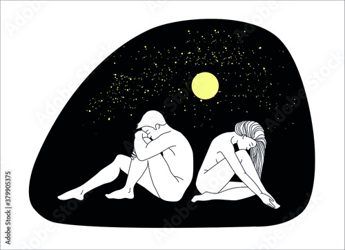 Illustration with a man and a woman at night under the moon and stars.
