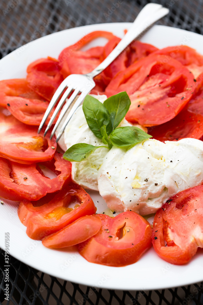 A plate full of mozzarella and tomatoes A plate full of mozzarella and tomatoes