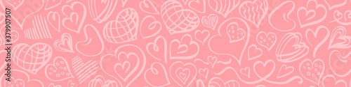 Heart pattern with light doodles on pink background. Vector illustration.