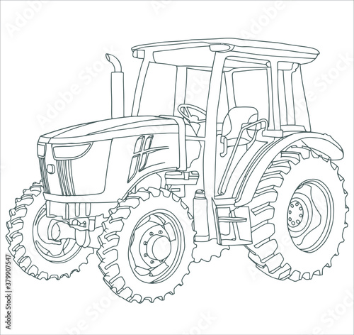 Vector drawing of the tractor. The drawing is inspired by a real machine. All lines in the drawing can be edited.