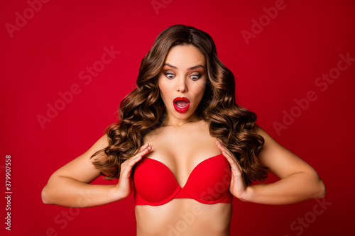 Fotografia, Obraz Photo of attractive shocked perfect beauty wavy lady bright lipstick arms hold u