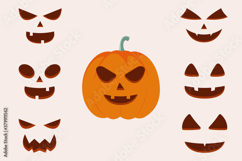 Scary and funny faces of Halloween pumpkin or ghost. Vector collection.