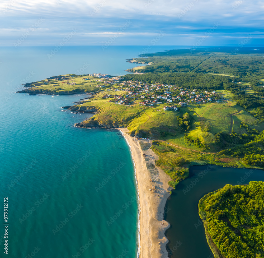 Aerial panoramic view of the picturesque southern Black Sea coast and the resort village of Sinemorets, Bulgaria