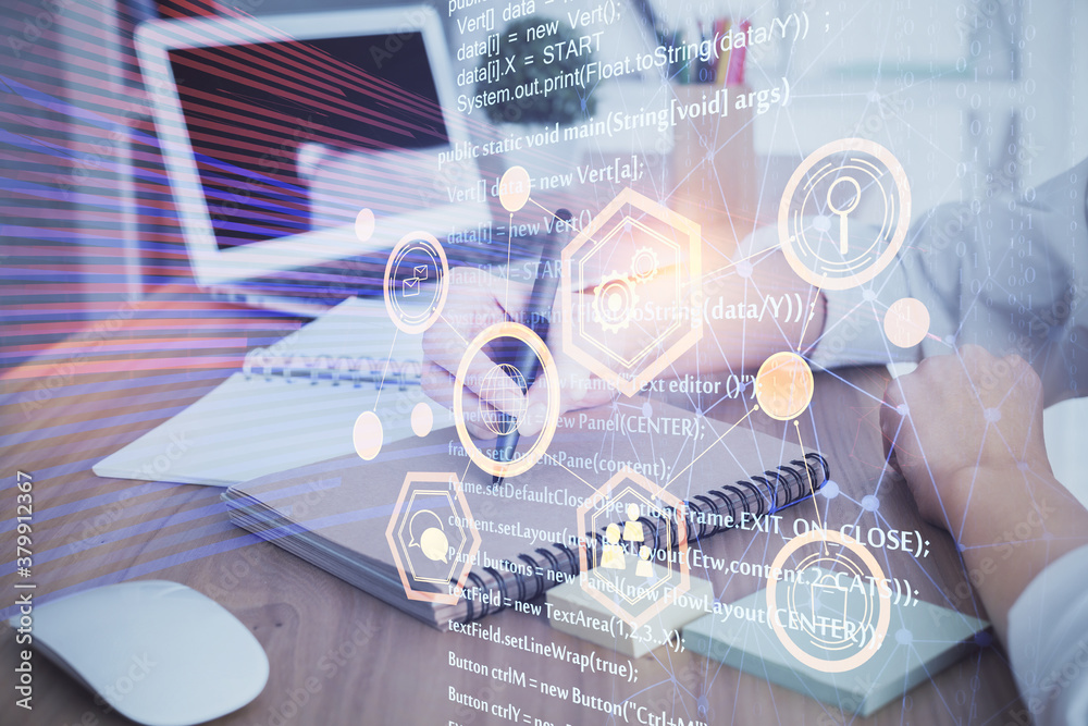 Multi exposure of woman hands on background with technology coding hologram. Data concept. Multi exposure of woman hands on background with technology coding hologram. Data concept.