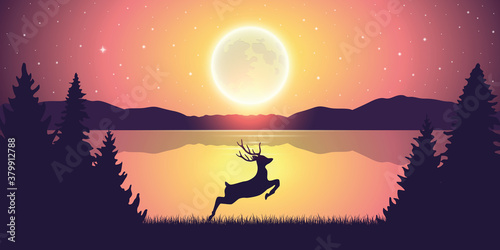 jumping deer in the nature by the lake at moon light vector illustration EPS10