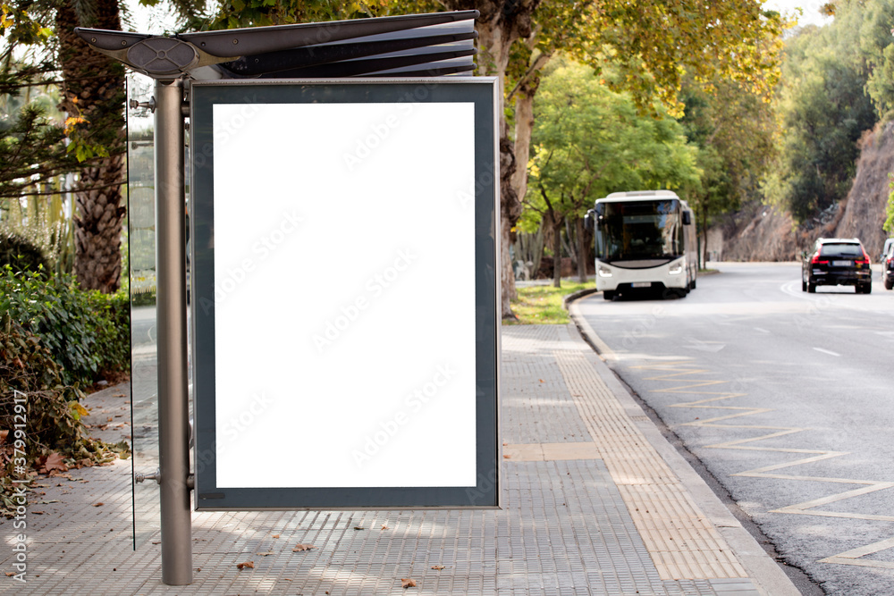 Blank advertising billboard mockup and template or light billboards with copy space for text or message and media content, Blank shadow billboards with display on city wall background with bus