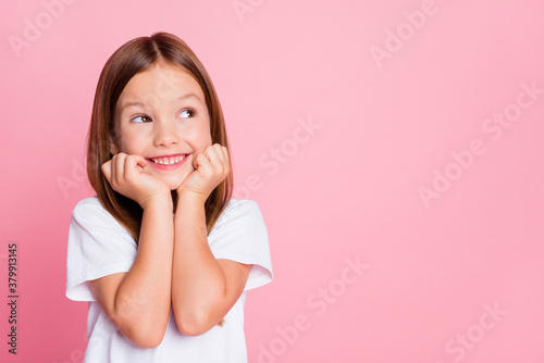 Close-up portrait of her she nice-looking attractive lovely sweet curious cheerful cheery smart clever girl creating new idea solution fantasize copy space isolated pink pastel color background