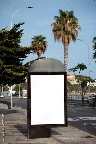 Fototapeta Naklejka Na Ścianę i Meble -  Mockup blank advertising signs and template or light posters with space to copy text or media message and content, blank shadow posters with screen on city wall background