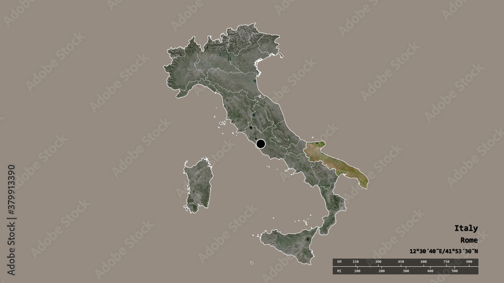 Location of Apulia, region of Italy,. Satellite