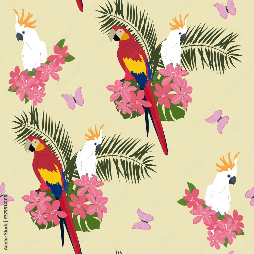 Beautiful vector illustration with tropical plants, clematis flowers and parrots