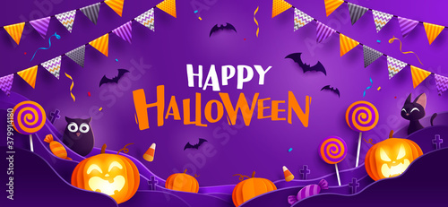 Paper Graphic of Happy Halloween fun party celebration background design. Halloween elements.