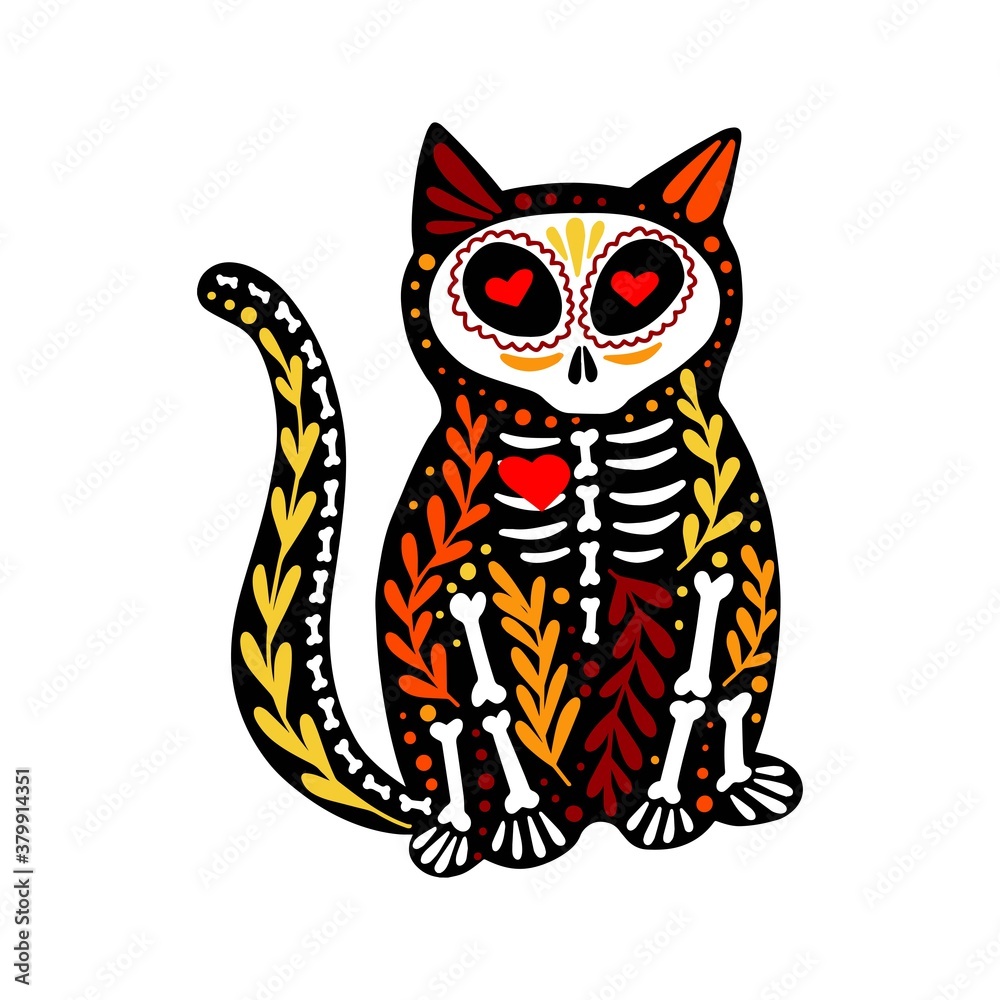 Vector colorful postcard. Dia de los Muertos, Day of the dead or Halloween concept. Cat skeleton, with floral design, isolated on white background