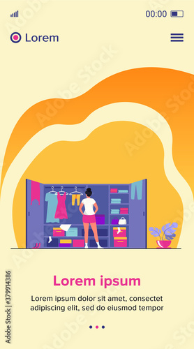 Woman choosing dress from wardrobe flat vector illustration. Young lady standing near opened closet. Pile of clothes laying on shelfs. Cartoon style. Organization and arrangement concept