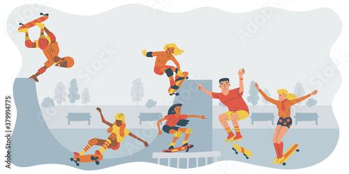 Teenagers skateboarding. Colorful illustration of diverse skaters in a skate park with ramp. Landscape layout.