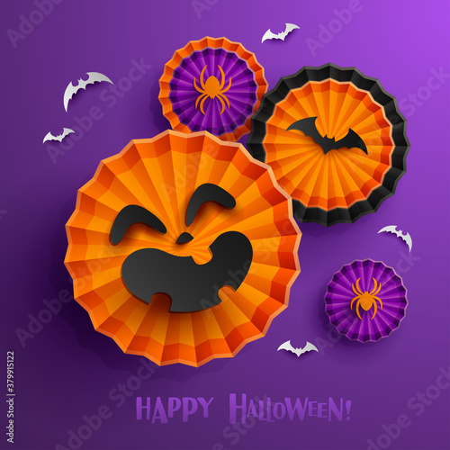 Paper Graphic of Halloween decoration design. Paper fan Jack O Lantern.