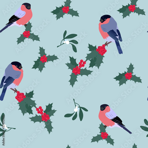 Seamless vector illustration with bird bullfinches and holly berries.