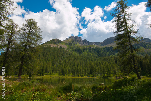 Beautiful view of San Pellegrino lake in the italian Dolomites, Trentino Alto-Adige