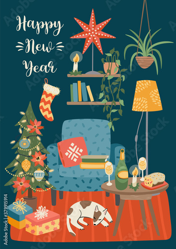 Christmas and Happy New Year illustration of sweet home. Vector design template.