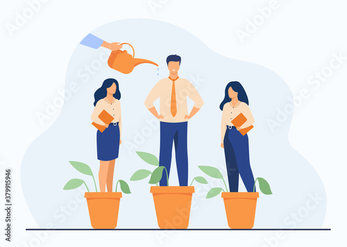 Employer growing business professionals metaphor. Hand watering plants and employees in flowerpots. Vector illustration for growth, development, career training concept