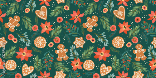 Christmas and Happy New Year seamless pattern with gingerbread. Vector design template.