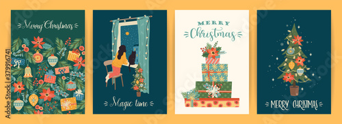 Set of Christmas and Happy New Year illustrations. Vector design templates.