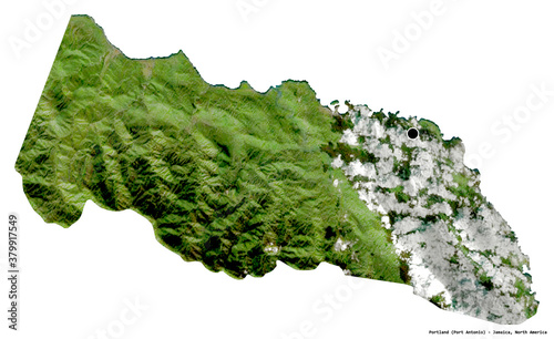 Portland, parish of Jamaica, on white. Satellite