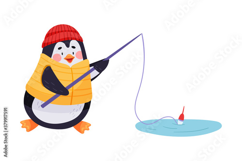 Adorable Penguin with Red Cheeks Fishing in Water Hole Vector Illustration