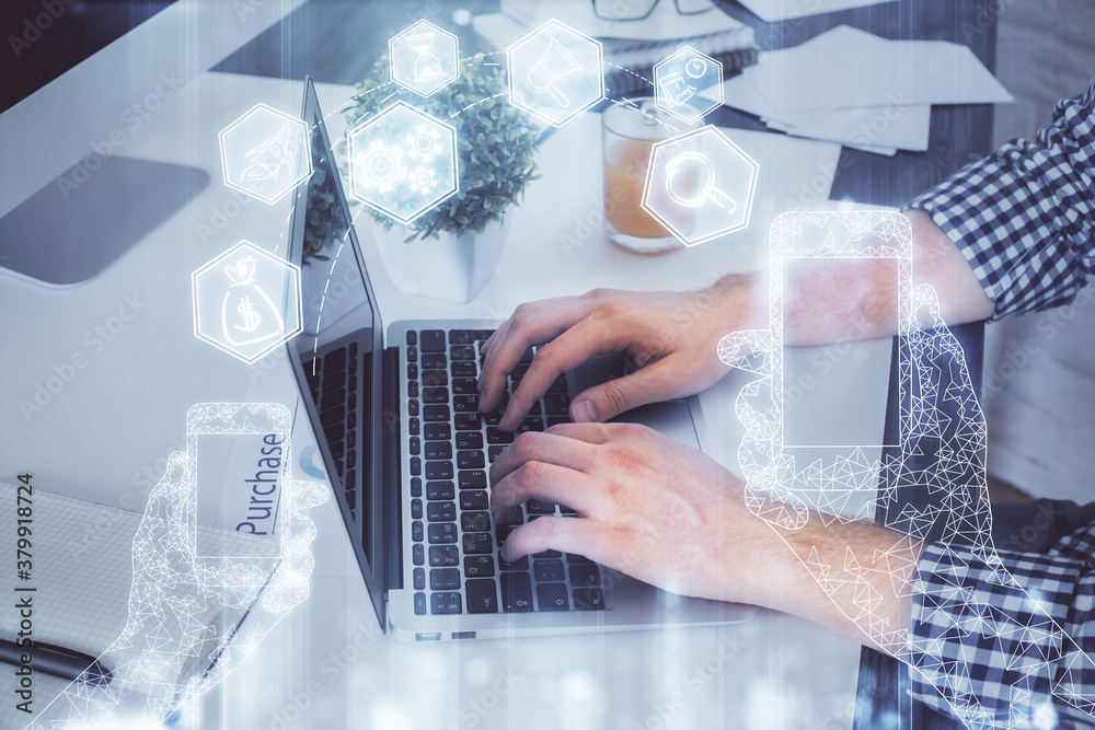 Technology theme hologram with man working on computer on background. High tech concept. Multi exposure. Technology theme hologram with man working on computer on background. High tech concept. Multi exposure.