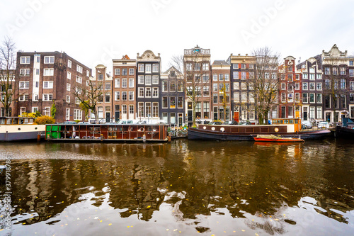Nice buildings around canal in Amsterdam , Netherlands - 26 November
