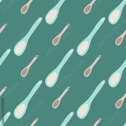 Seamless pattern with cooking spoon ornament. Stylized kitchen tools in blue and beige colors on dark turquoise background.