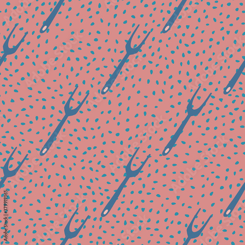 Blue colored grill forks seamless doodle pattern. Pink background with dots. Cooking tools bbq backdrop.