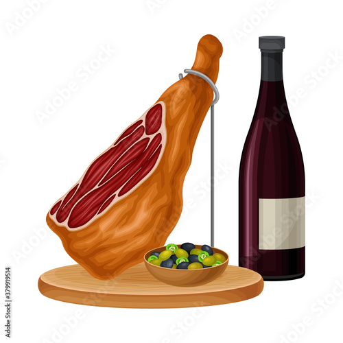 Jamon or Dry-cured Bacon Gammon and Wine Bottle as Spanish Cuisine Gourmet Vector Illustration