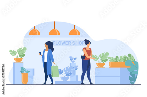 Customers in flower shop. Women with bags choosing houseplants flat vector illustration. Shopping, greenhouse, home plants concept for banner, website design or landing web page