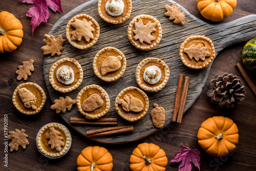 Top down view of various decorated pumpkin pie tarts surrounded by fall decorations.