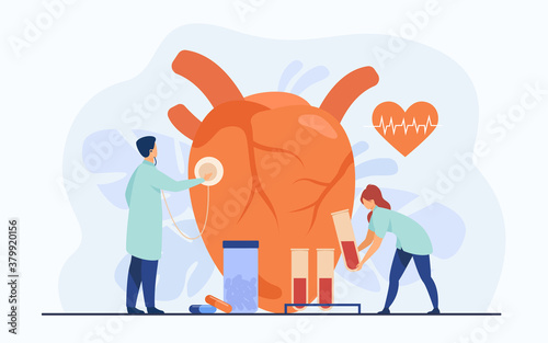 Cardiologists examining heart with stethoscope and blood samples in lab tubes among pills and heartbeat diagram. Vector illustration for cardiology, medical examination, heart disease concept