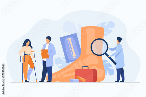 Podiatrist examining ankle and foot of female patient. Woman on crutches with plaster on leg consulting doctor with X ray. Vector illustration for treatment, podiatry, disease, health care concept