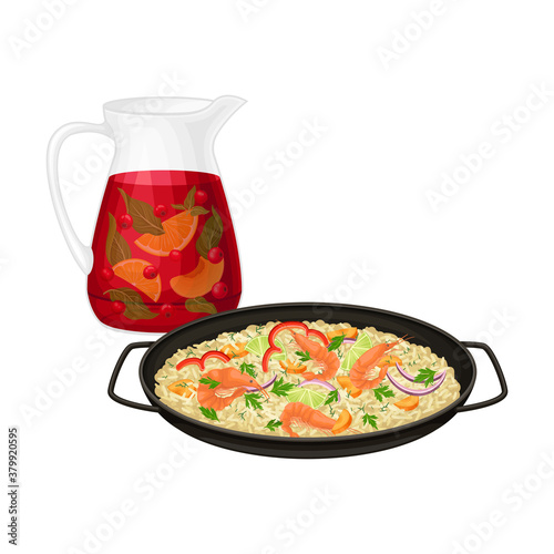 Rice with Shrimps and Herbs and Sangria Drink from Red Wine with Fruit and Spiceas as Spanish Vector Illustration