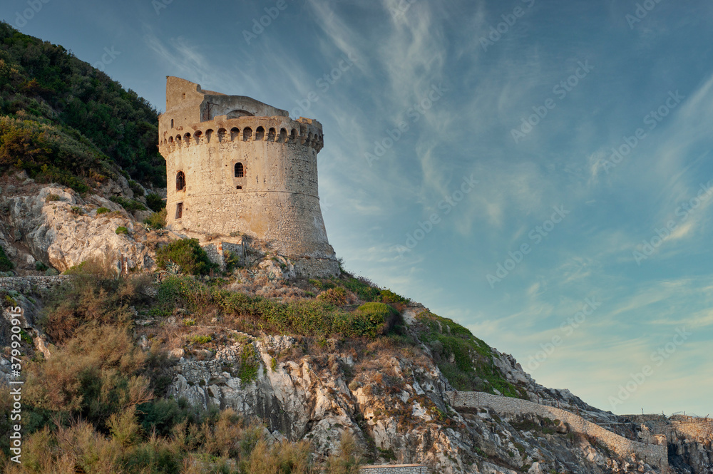 Torre Paola is a fortified watchtower on the limestone cliffs of the Mount Circeo, in the region of Latium (Lazio, Italy)..
