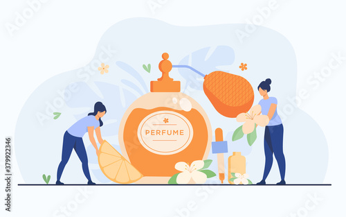 Tiny perfumers creating citrus and flower fresh fragrance, holding blossom and lemon slice near glass flask. Vector illustration for perfumery shop and aroma concept.